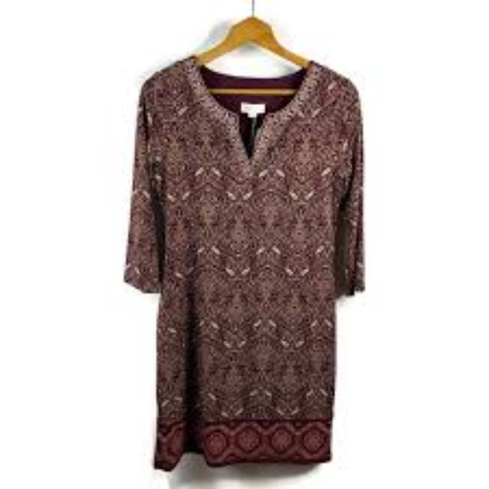 Magnolia Grace Burgundy Paisley Print Sheath Dress V Neck 3/4 Sleeve